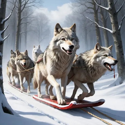 Prompt: Wolfes pulling a sled. There is a Snow queen  in the sleid