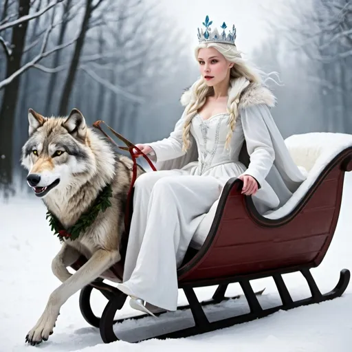 Prompt: The Snow Queen with wihte clothes in a sleigh. Wolves pull the sleigh