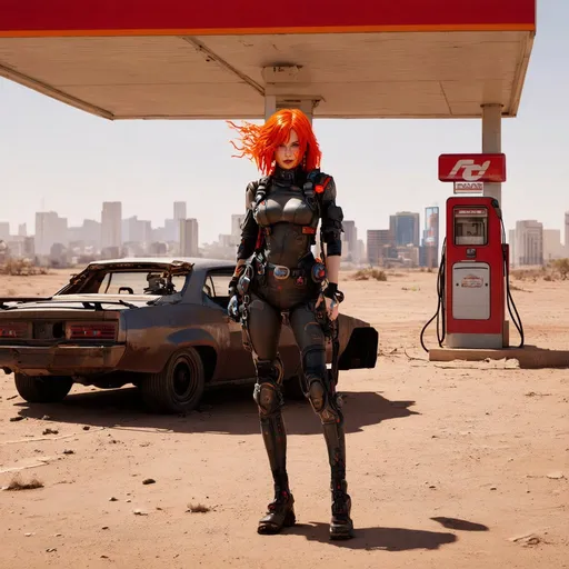 Prompt: a woman with fiery red hair and a cyberpunk outfit is at an abandoned gas station next to a cyberpunk car in the desert, in the background you can just make out a cyberpunk city. 