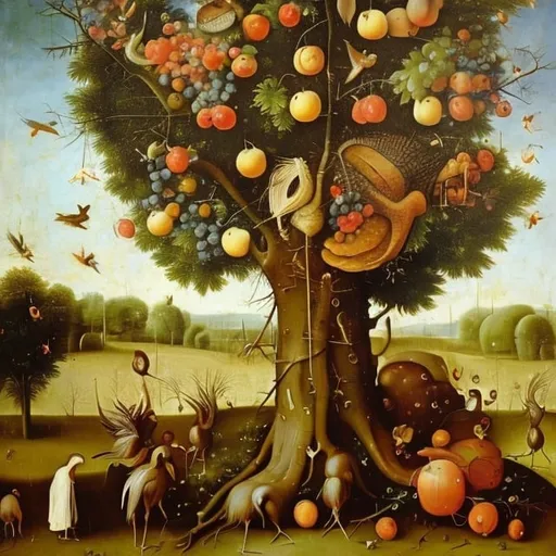 Prompt: oil painting , tree with turkeys as fruits, in the style of Hieronymus Bosch


