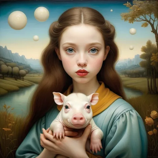 Prompt: Gaze of a young woman, large gray eyes, she holds in her arms and gently caresses the brown hair of a very small dwarf albino hippopotamus, landscape with optical effect, expressive faces, sharp eyes, style trompe d'oeil, oil painting, painter, paintings by masters, museum, paintings and sculptures, visual delirium, dreamlike, style pop surrealism, modern art, vibrant colors, detailed, style mark ryden, Nicoletta Ceccoli, style Van gogh, style Alexander Jansson, style Picasso, Amazing and beautiful creation, characters and elements of the scenery entirely within the frame of the image, detailed realization, definition high quality, expressive faces, sharp eyes, style trompe d'oeil, surrealism, ambitious aestheticism, varied elements, iconoclast and numerous