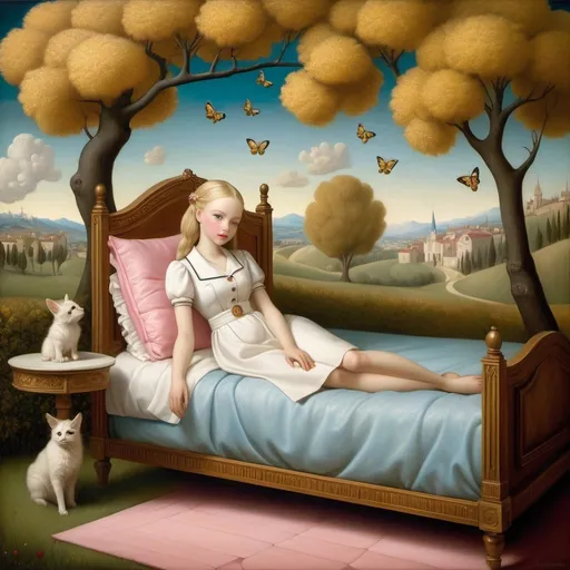 Prompt: image of a young nurse, blonde braids, big blue eyes, sweet and melancholic smile, who assists an old man lying in bed with a broken leg. Full-length portrait, landscape with  optical effect and with pink and yellow bees and chestnut trees. Expressive faces, sharp eyes, style trompe d'oeil, oil painting, painter, paintings by masters, museum, paintings and sculptures, visual delirium, dreamlike, style pop surrealism, modern art, vibrant colors, detailed, style mark ryden, Nicoletta Ceccoli, style Van gogh, style Alexander Jansson, style Picasso, Amazing and beautiful creation, characters and elements of the scenery entirely within the frame of the image, detailed realization, definition high quality, expressive faces, sharp eyes, style trompe d'oeil, surrealism, ambitious aestheticism, varied elements, iconoclast and numerous