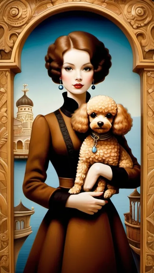 Prompt: Young woman, carrying a toy poodle brown,  in the style of Bill Carman. Amazing and beautiful creation, characters and elements of the scenery entirely within the frame of the image, detailed realization, definition high quality, expressive faces, sharp eyes, style trompe d'oeil, surrealism, ambitious aestheticism, varied elements, iconoclast and numerous