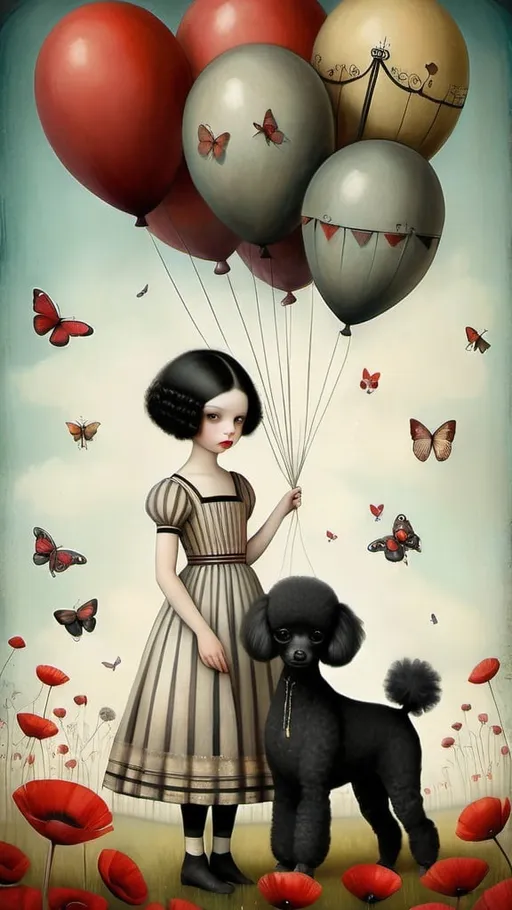 Prompt: art by Catrin Welz-Stein, Nicoletta Ceccoli, Victoria Nahum,  young Caucasian woman, black hair, black toy poodle tamer, circus tent,  bandwagons,  balloons,flowers and poppies flowers dandelion, butterflies