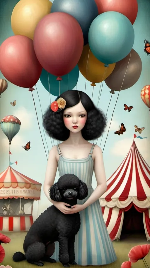 Prompt: Art inspired by Catrin Welz-Stein, Nicoletta Ceccoli, Victoria Nahum: Young woman with black hair taming black toy poodle in front of a whimsical circus tent and bandwagons, surrounded by colorful balloons, flowers, poppies, dandelions, and butterflies, digital painting, dreamlike, highres, detailed features, whimsical, circus, colorful, surreal, flowers, butterflies, black hair, toy poodle, circus tent, bandwagons, dreamy lighting