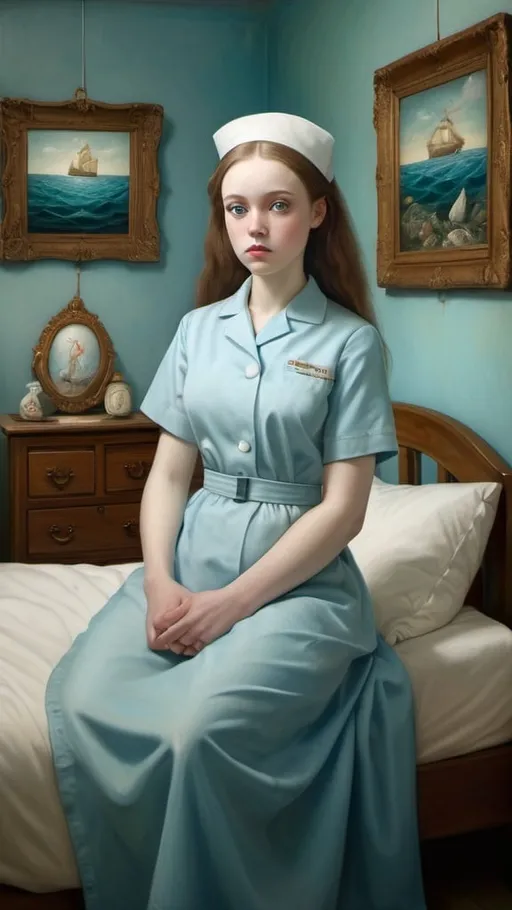 Prompt: Gaze of a young woman, large heavenly Young woman in full and detailed nurse's uniform. Sweet and sad look, light blue eyes. Full-length portrait, Hospital room, with bed and walls with paintings of whales and tropical fish.  Expressive faces, sharp eyes, style trompe d'oeil, oil painting, painter, paintings by masters, museum, paintings and sculptures, visual delirium, dreamlike, style pop surrealism, modern art, vibrant colors, detailed, style mark ryden, Nicoletta Ceccoli, style Van gogh, style Alexander Jansson, style Picasso, Amazing and beautiful creation, characters and elements of the scenery entirely within the frame of the image, detailed realization