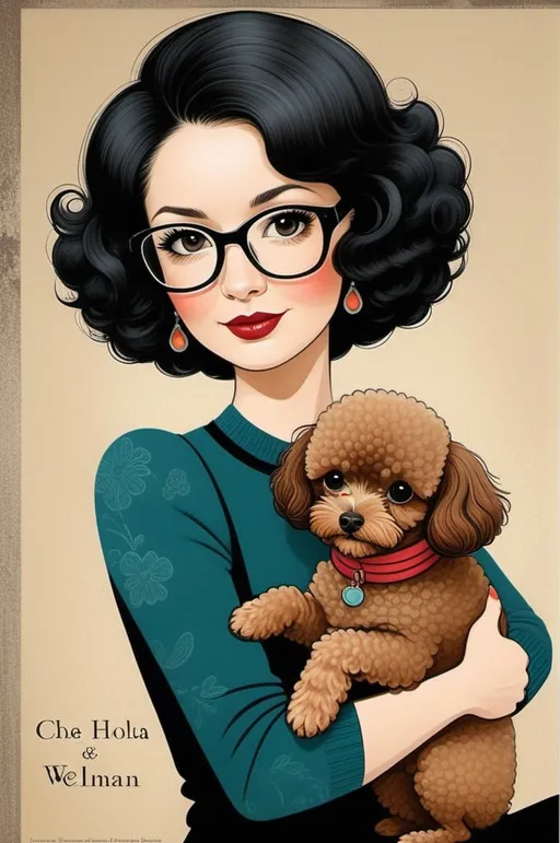 Prompt: Toy poodle, light brown color, holds a young woman tightly between its paws, black bob hair, glasses cateye. art style by Laura Callaghan, Petah Coyne, Dave Coverly, catrin welz-stein, Catherine Holman, Bill Carman