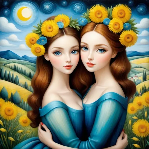 Prompt: Young women hug each other, sweet smiles, flowers and mimosa branches, landscape with optical effect, expressive faces, sharp eyes, style trompe d'oeil, oil painting, painter, paintings by masters, museum, paintings and sculptures, visual delirium, dreamlike, style pop surrealism, modern art, vibrant colors, detailed, style Victoria Nahum, Nicoletta Ceccoli, style Van gogh, style Alexander Jansson, style Picasso, Amazing and beautiful creation, characters and elements of the scenery entirely within the frame of the image, detailed realization, definition high quality, expressive faces, sharp eyes, style trompe d'oeil, surrealism, ambitious aestheticism, varied elements, iconoclast and numerous