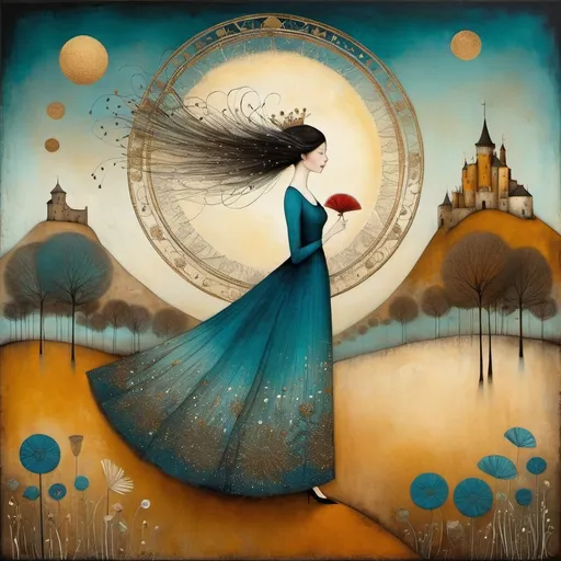 Prompt: Sam Toft, Florine Stettheimer, Dina Wakley, catrin welz-stein, Gabriel Pacheco, Elisabeth Fredriksson. Gritty patina texture, gradient inking colors, dreamy atmosphere, whimsical background, Extremely detailed, intricate, beautiful.  Queen of her fantasy kingdom, with her blue octane dress, with intricate ochre embroidery, beautiful brown eyes, sweet look, winged horses, cats

