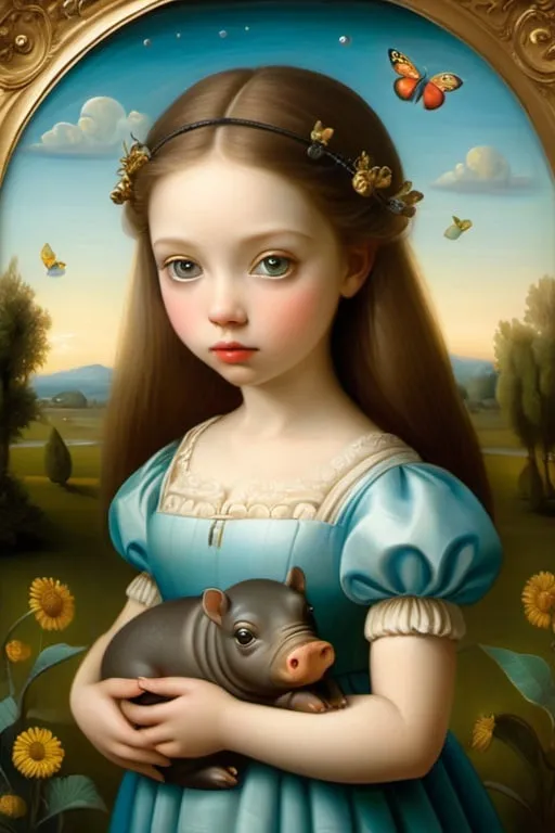 Prompt: Gaze of a young woman, large heavenly eyes, holding and delicately caressing a very little hippopotamus. Full-length portrait, landscape with  optical effect and with bees and chestnut trees. Expressive faces, sharp eyes, style trompe d'oeil, oil painting, painter, paintings by masters, museum, paintings and sculptures, visual delirium, dreamlike, style pop surrealism, modern art, vibrant colors, detailed, style mark ryden, Nicoletta Ceccoli, style Van gogh, style Alexander Jansson, style Picasso, Amazing and beautiful creation, characters and elements of the scenery entirely within the frame of the image, detailed realization, definition high quality, expressive faces, sharp eyes, style trompe d'oeil, surrealism, ambitious aestheticism, varied elements, iconoclast and numerous