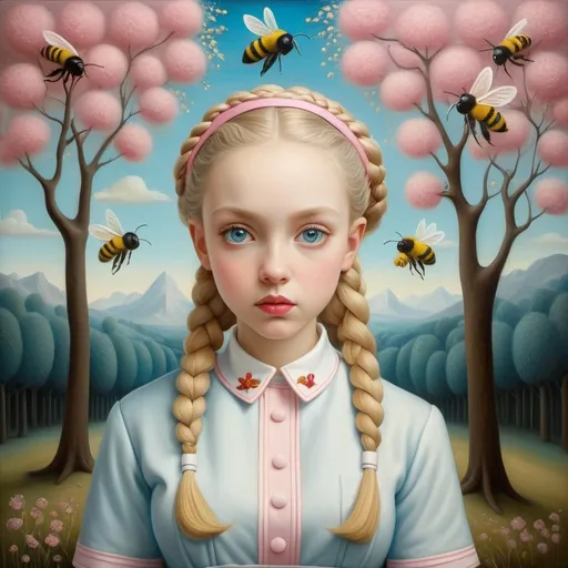 Prompt: Gaze of nurse with light blue eyes, blonde braids, in a hospital room.  Full-length portrait, landscape with  optical effect and with pink and yellow bees and chestnut trees. Expressive faces, sharp eyes, style trompe d'oeil, oil painting, painter, paintings by masters, museum, paintings and sculptures, visual delirium, dreamlike, style pop surrealism, modern art, vibrant colors, detailed, style mark ryden, Nicoletta Ceccoli, style Van gogh, style Alexander Jansson, style Picasso, Amazing and beautiful creation, characters and elements of the scenery entirely within the frame of the image, detailed realization, definition high quality, expressive faces, sharp eyes, style trompe d'oeil, surrealism, ambitious aestheticism, varied elements, iconoclast and numerous