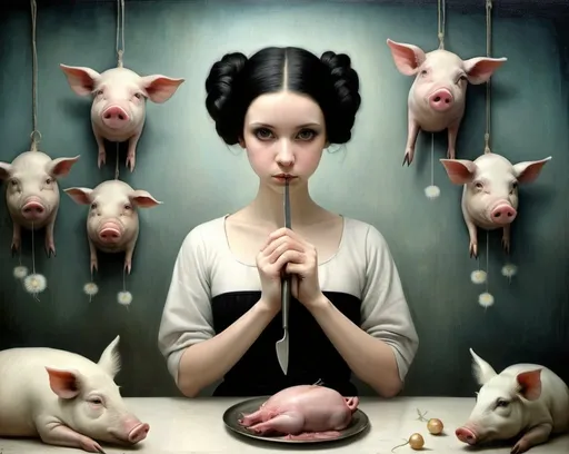 Prompt: Oil on chapped canvas image, soft colorst, melancholy atmsphere. Combination of styles by Catrin Welz-Stein, Nicoletta Ceccoli. not featured image of a Young woman, black hair, hairstyle like that of Princess Leia from Star Wars, black dress with dandelion flowers. is standing at the counter of her weird animal butcher shop, holding a large knife. On the counter, hearts, lungs, pieces of meat, with legs and arms and head shaped like onions. On the walls hung heads of pigs, geese, cows, sheep smiling.