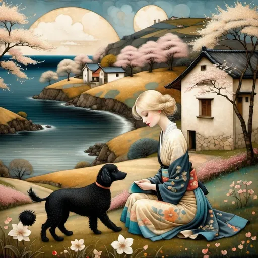 Prompt: Patchwork by Klimt, Catrin Welz-Stein, Nicoletta Ceccoli, Naoto Hattori, Lawrence Didier, Leonora Carrington. wide shot of a  (woman with blonde hair, sweet blue eyes) , with Japanese kimono and paper umbrella,  plays with her ((black)) dwarf poodle,  on the lawn of a cliff overlooking the sea. Background cherry trees adorned with delicate cherry blossoms and houses .Shades of pink 