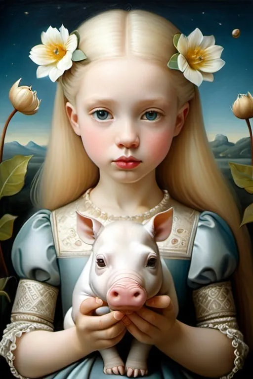 Prompt: Gaze of a young woman, large gray eyes, holding and delicately caressing a very small dwarf albino hippopotamus, full-length portrait, landscape with flowering horse chestnuts and  optical effect, expressive faces, sharp eyes, style trompe d'oeil, oil painting, painter, paintings by masters, museum, paintings and sculptures, visual delirium, dreamlike, style pop surrealism, modern art, vibrant colors, detailed, style mark ryden, Nicoletta Ceccoli, style Van gogh, style Alexander Jansson, style Picasso, Amazing and beautiful creation, characters and elements of the scenery entirely within the frame of the image, detailed realization, definition high quality, expressive faces, sharp eyes, style trompe d'oeil, surrealism, ambitious aestheticism, varied elements, iconoclast and numerous