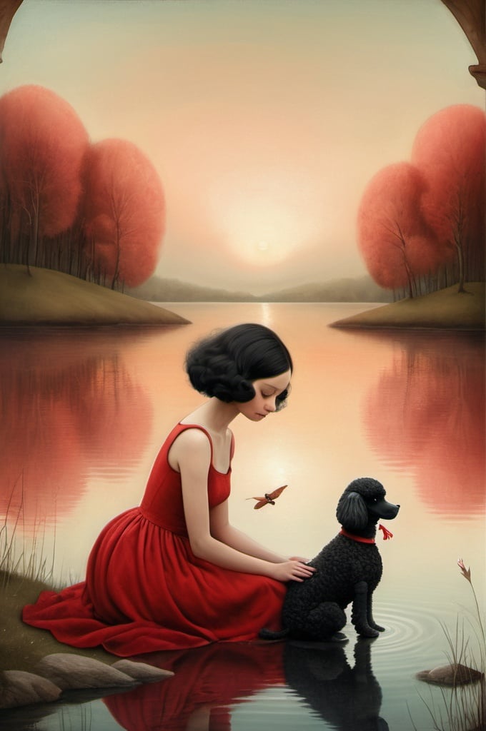 Prompt: Oil on canvas image, warm colors, sunset light, melancholy atmsphere. Combination of styles by Catrin Welz-Stein, Nicoletta Ceccoli. 
not featured image of a young woman, black hair, light red dress, sitting on the shore of a lake. She smiles at her black toy poodle, which she holds in her arms. Upside down spring landscape.