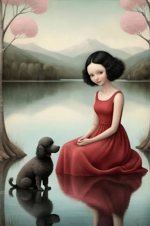 Prompt: Oil on canvas image, soft colors, combination of styles by Catrin Welz-Stein, Nicoletta Ceccoli. 
not featured image of a young woman, black hair, light red dress, sitting on the shore of a lake. She smiles at her black toy poodle, which she holds in her arms. Spring landscape, in the distance mountains, woods, upside down.