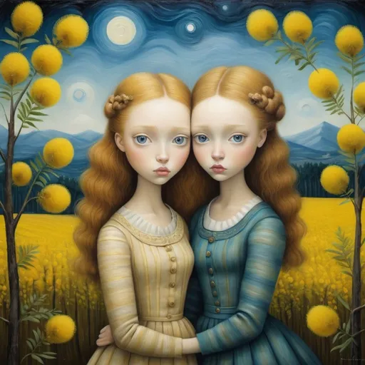 Prompt: Sweet hugs and glances from young women, surrounded by mimosa flowers, landscape with optical effect, expressive faces, sharp eyes, style trompe d'oeil, oil painting, painter, paintings by masters, museum, paintings and sculptures, visual delirium, dreamlike, style pop surrealism, modern art, vibrant colors, detailed, style Victoria Nahum, Nicoletta Ceccoli, style Van gogh, style Alexander Jansson, style Picasso, Amazing and beautiful creation, characters and elements of the scenery entirely within the frame of the image, detailed realization, definition high quality, expressive faces, sharp eyes, style trompe d'oeil, surrealism, ambitious aestheticism, varied elements, iconoclast and numerous