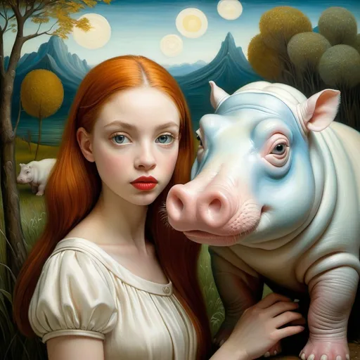 Prompt: Gazes of a young woman, large gray eyes, holding and caressing a dwarf albino hippopotamus, landscape with optical effect, expressive faces, sharp eyes, style trompe d'oeil, oil painting, painter, paintings by masters, museum, paintings and sculptures, visual delirium, dreamlike, style pop surrealism, modern art, vibrant colors, detailed, style mark ryden, Nicoletta Ceccoli, style Van gogh, style Alexander Jansson, style Picasso, Amazing and beautiful creation, characters and elements of the scenery entirely within the frame of the image, detailed realization, definition high quality, expressive faces, sharp eyes, style trompe d'oeil, surrealism, ambitious aestheticism, varied elements, iconoclast and numerous