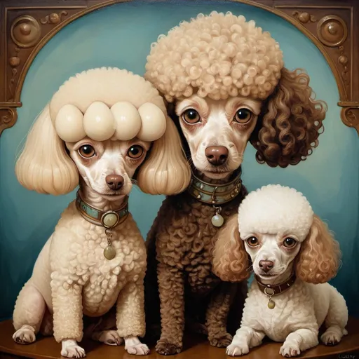 Prompt: Stylized portrait of toy poodles, variously colored, brown, beige. Surreal art, big eyes, oil painting, striking and beautiful creation, surrealism, ambitious aestheticism, varied elements, iconoclastic and numerous. Strange, watery colors blending together. style by Laura Callaghan, Petah Coyne, Dave Coverly, catrin welz-stein, Catherine Holman, Bill Carman