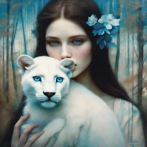 Prompt: Beautiful, sad woman with light blue eyes holding an albino panther cub in her arms art style by Edward Robert Hughes, Rimel Neffati, Felicia Simion, Charles Rennie Mackintosh, Sidney Nolan, Kim Keever, Mikalojus Konstantinas Ciurlionis. Ethereal gloomy mood, Mixed media, guache, beautiful realistic eyes, watercolor and ink, impressionist, 3d, volumetric lighting.