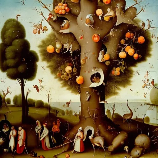 Prompt: oil painting , tree with turkeys as fruits, in the style of Hieronymus Bosch

