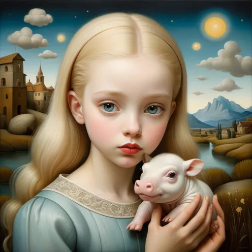 Prompt: Gaze of a young woman, large gray eyes, she holds in her arms and gently caresses the brown hair of a very small dwarf albino hippopotamus, landscape with optical effect, expressive faces, sharp eyes, style trompe d'oeil, oil painting, painter, paintings by masters, museum, paintings and sculptures, visual delirium, dreamlike, style pop surrealism, modern art, vibrant colors, detailed, style mark ryden, Nicoletta Ceccoli, style Van gogh, style Alexander Jansson, style Picasso, Amazing and beautiful creation, characters and elements of the scenery entirely within the frame of the image, detailed realization, definition high quality, expressive faces, sharp eyes, style trompe d'oeil, surrealism, ambitious aestheticism, varied elements, iconoclast and numerous