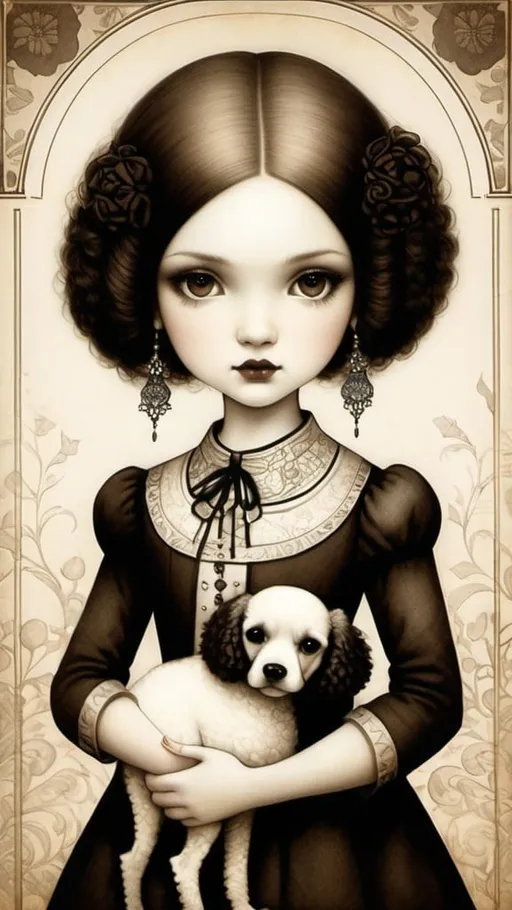 Prompt: Fine art etching portrait of a stylized cute girl, big brown eyes with her poodles depicted style combination of Bill Carman, Nicoletta Ceccoli, Amy Earles and Abigail Larson. Calotype print, Pictorialism, Grimdark, frontal facing portrait, extremely detailed, beautiful.