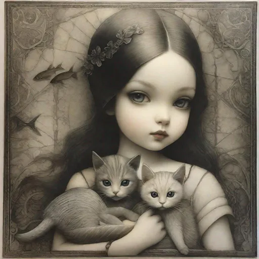 Prompt: Fine art etching portrait of a stylized cute girl with her cats and fish with big eyes depicted style combination of Bill Carman, Nicoletta Ceccoli, Amy Earles and Abigail Larson. Calotype print, Pictorialism, Grimdark, frontal facing portrait, extremely detailed, beautiful.