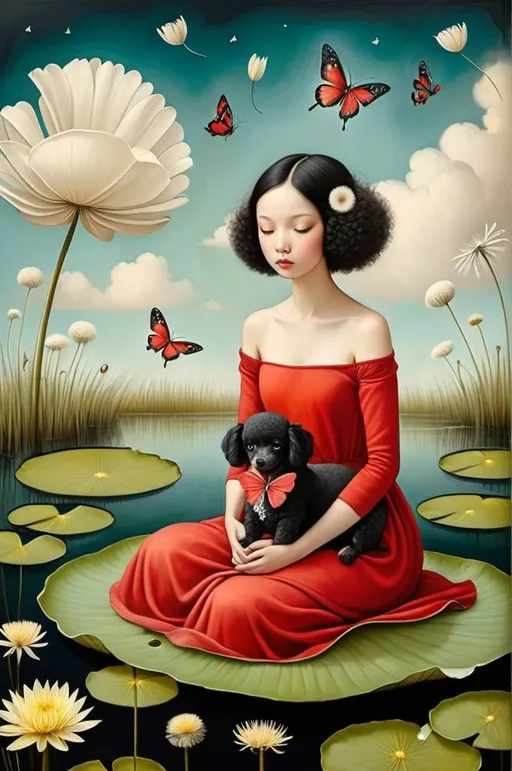 Prompt: Oil on chapped canvas image, melancholy atmsphere. Combination of styles by Catrin Welz-Stein, Nicoletta Ceccoli, Amy Earles and Abigail Larson. not featured image of a young woman, black hair, light red dress, big eyes brown, with her black toy poodle. sitting on a large lily pad flying among clouds and dandelion flowers. sitting on a large lily pad flying among clouds and dandelion flowers. Butterflies,moths, dragonflies, lake grasses