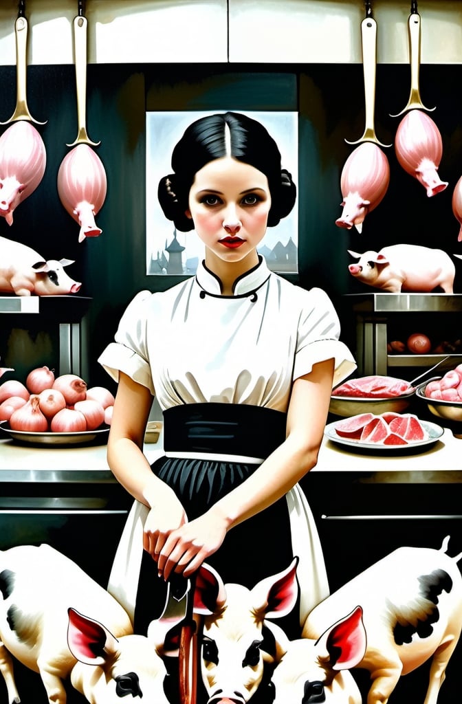 Prompt: Oil on chapped canvas image, soft colorst, melancholy atmsphere. Combination of styles by Catrin Welz-Stein, Nicoletta Ceccoli. not featured image of a Young woman, black hair, hairstyle like that of Princess Leia from Star Wars, black dress with dandelion flowers. is standing at the counter of her weird animal butcher shop, holding a large knife. On the counter, hearts, lungs, pieces of meat, with legs and arms and head shaped like onions. On the walls hung heads of pigs, geese, cows, sheep smiling.