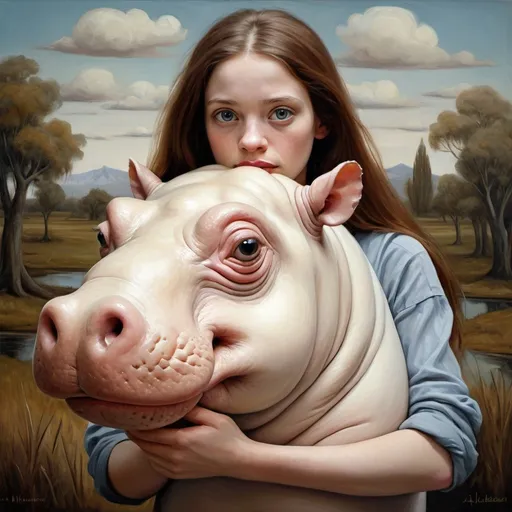 Prompt: small woman with big gray eyes holds an albino hippopotamus with thick brown hair in her arms, landscape with optical effect, expressive faces, sharp eyes, style trompe d'oeil, oil painting, painter, paintings by masters, museum, paintings and sculptures, visual delirium, dreamlike, style pop surrealism, modern art, vibrant colors, detailed, style Victoria Nahum, style Alexander Jansson, style Picasso, Amazing and beautiful creation, characters and elements of the scenery entirely within the frame of the image, detailed realization, definition high quality, expressive faces, sharp eyes, style trompe d'oeil, surrealism, ambitious aestheticism, varied elements, iconoclast and numerous