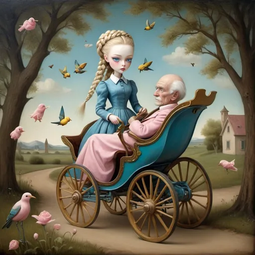 Prompt: Image of a young nurse, blond braids, large blue eyes, sweet, wistful smile, Pushes the carriage of a very old man with a casted leg Full-length portrait, landscape with optical effect and with pink and yellow bees and birds. Expressive faces, sharp eyes, trompe d'oeil style, oil painting, painter, master paintings, museum, paintings and sculptures, visual delirium, dreamlike, pop surrealism style, modern art, bright colors, detailed, mark ryden style, Nicoletta Ceccoli, Van gogh style, Alexander Jansson style, Picasso style. Stunning and beautiful creation, characters and scenery elements entirely within the image, detailed realization, high quality definition, trompe d'oeil, surrealism, ambitious aestheticism, varied elements, iconoclastic and numerous.

