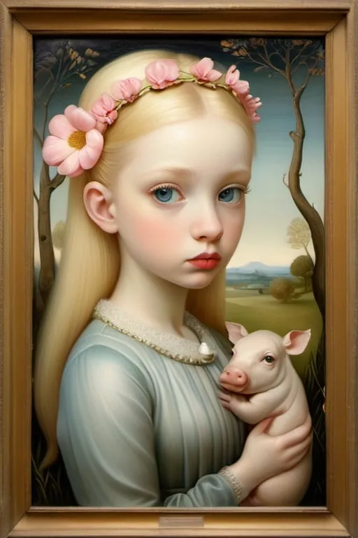 Prompt: Gaze of a young woman, large heavenly eyes, holding and delicately caressing a very small dwarf albino hippopotamus. Full-length portrait, landscape with  optical effect and with pink and yellow bees and chestnut trees. Expressive faces, sharp eyes, style trompe d'oeil, oil painting, painter, paintings by masters, museum, paintings and sculptures, visual delirium, dreamlike, style pop surrealism, modern art, vibrant colors, detailed, style mark ryden, Nicoletta Ceccoli, style Van gogh, style Alexander Jansson, style Picasso, Amazing and beautiful creation, characters and elements of the scenery entirely within the frame of the image, detailed realization, definition high quality, expressive faces, sharp eyes, style trompe d'oeil, surrealism, ambitious aestheticism, varied elements, iconoclast and numerous