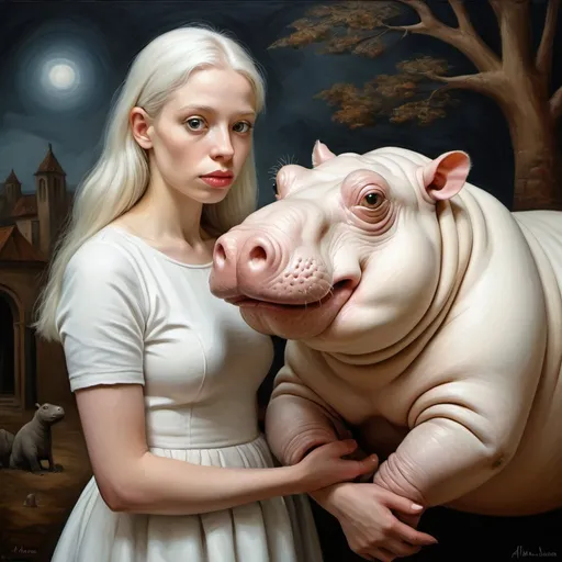 Prompt: small woman with big gray eyes holds an albino hippopotamus with thick brown hair in her arms, landscape with optical effect, expressive faces, sharp eyes, style trompe d'oeil, oil painting, painter, paintings by masters, museum, paintings and sculptures, visual delirium, dreamlike, style pop surrealism, modern art, vibrant colors, detailed, style Victoria Nahum, style Alexander Jansson, style Picasso, Amazing and beautiful creation, characters and elements of the scenery entirely within the frame of the image, detailed realization, definition high quality, expressive faces, sharp eyes, style trompe d'oeil, surrealism, ambitious aestheticism, varied elements, iconoclast and numerous