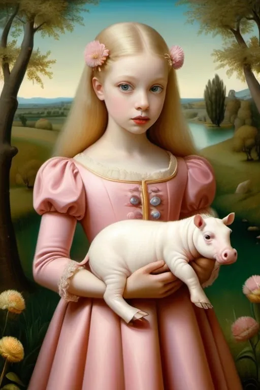 Prompt: Gaze of a young woman, large gray eyes, holding and delicately caressing a very small dwarf albino hippopotamus. Full-length portrait, landscape with  optical effect, pink and yellow bees and chestnut trees. expressive faces, sharp eyes, style trompe d'oeil, oil painting, painter, paintings by masters, museum, paintings and sculptures, visual delirium, dreamlike, style pop surrealism, modern art, vibrant colors, detailed, style mark ryden, Nicoletta Ceccoli, style Van gogh, style Alexander Jansson, style Picasso, Amazing and beautiful creation, characters and elements of the scenery entirely within the frame of the image, detailed realization, definition high quality, expressive faces, sharp eyes, style trompe d'oeil, surrealism, ambitious aestheticism, varied elements, iconoclast and numerous