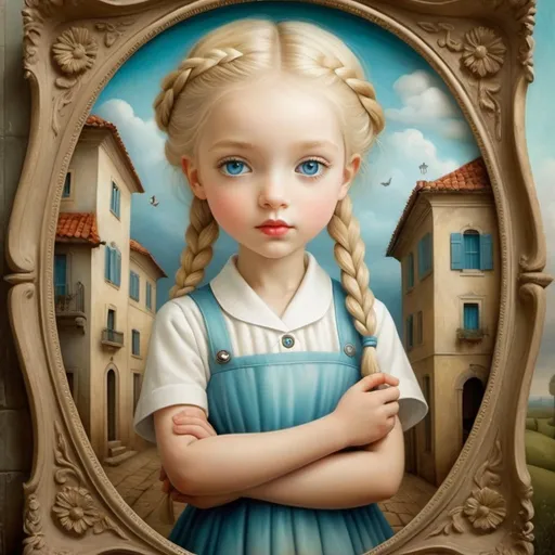 Prompt: image of a young nurse, blonde braids, big blue eyes, sweet and melancholic smile. he holds the hand of an old man with a broken leg. landscape with optical effect, expressive faces, full-length portrait, sharp eyes, style trompe d'oeil, oil painting, painter, paintings by masters, museum, paintings and sculptures, visual delirium, dreamlike, style pop surrealism, modern art, vibrant colors, detailed, style, Nicoletta Ceccoli, style, Victoria Nahum,  style Alexander Jansson, style Picasso, Amazing and beautiful creation, characters and elements of the scenery entirely within the frame of the image, detailed realization, definition high quality, expressive faces, sharp eyes, style trompe d'oeil, surrealism, ambitious aestheticism, varied elements, iconoclast and numerou