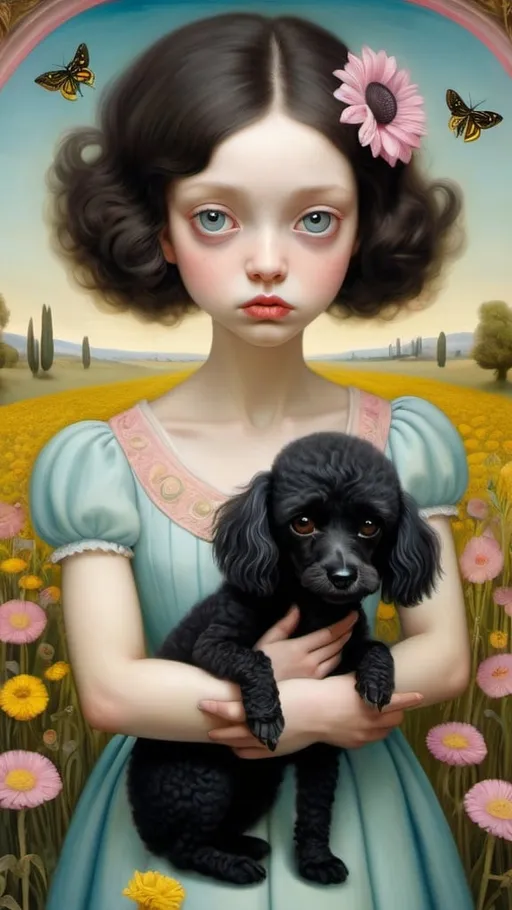 Prompt: Gaze of a young woman, large heavenly eyes, holding and delicately caressing a very small dwarf black poodle. Full-length portrait, landscape with  optical effect and with pink and yellow bees and  flowers and poppies flowers dandelion. Expressive faces, sharp eyes, style trompe d'oeil, oil painting, painter, paintings by masters, museum, paintings and sculptures, visual delirium, dreamlike, style pop surrealism, modern art, vibrant colors, detailed, style mark ryden, Nicoletta Ceccoli, style Van gogh, style Alexander Jansson, style Picasso, Amazing and beautiful creation, characters and elements of the scenery entirely within the frame of the image, detailed realization, definition high quality, expressive faces, sharp eyes, style trompe d'oeil, surrealism, ambitious aestheticism, varied elements, iconoclast and numerous