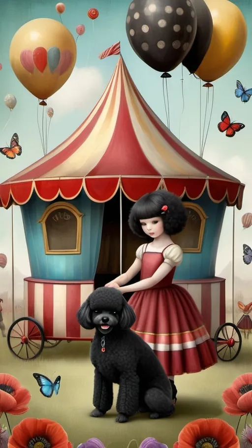 Prompt: Art inspired by Catrin Welz-Stein, Nicoletta Ceccoli, Victoria Nahum: Young woman with black hair taming black toy poodle in front of a whimsical circus tent and bandwagons, surrounded by colorful balloons, flowers, poppies, dandelions, and butterflies, digital painting, dreamlike, highres, detailed features, whimsical, circus, colorful, surreal, flowers, butterflies, black hair, toy poodle, circus tent, bandwagons, dreamy lighting