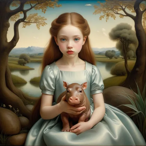 Prompt: Gaze of a young woman, large gray eyes, holding and delicately stroking the brown hair of a very small dwarf albino hippopotamus, full-length portrait, landscape with optical effect, expressive faces, sharp eyes, style trompe d'oeil, oil painting, painter, paintings by masters, museum, paintings and sculptures, visual delirium, dreamlike, style pop surrealism, modern art, vibrant colors, detailed, style mark ryden, Nicoletta Ceccoli, style Van gogh, style Alexander Jansson, style Picasso, Amazing and beautiful creation, characters and elements of the scenery entirely within the frame of the image, detailed realization, definition high quality, expressive faces, sharp eyes, style trompe d'oeil, surrealism, ambitious aestheticism, varied elements, iconoclast and numerous