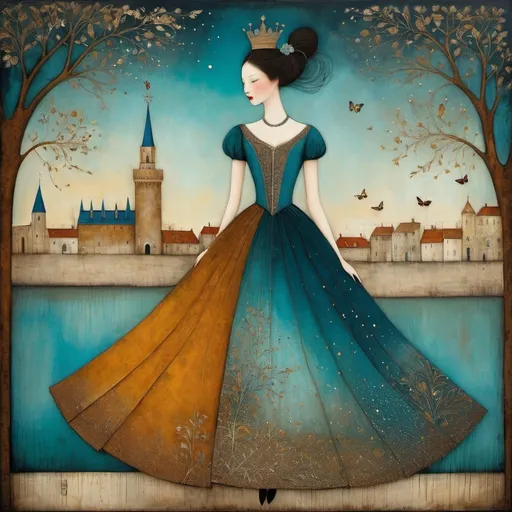 Prompt: Sam Toft, Florine Stettheimer, Dina Wakley, catrin welz-stein, Gabriel Pacheco, Elisabeth Fredriksson. Gritty patina texture, gradient inking colors, dreamy atmosphere, whimsical background, Extremely detailed, intricate, beautiful.  Queen of her fantasy kingdom, with her blue octane dress, with intricate ochre embroidery, beautiful brown eyes, sweet gaze, embraces the wind that flows through her light brown hair

