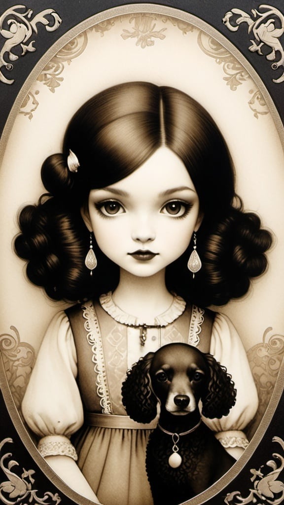 Prompt: Fine art etching portrait of a stylized cute girl, big brown eyes with her poodles depicted style combination of Bill Carman, Nicoletta Ceccoli, Amy Earles and Abigail Larson. Calotype print, Pictorialism, Grimdark, frontal facing portrait, extremely detailed, beautiful.