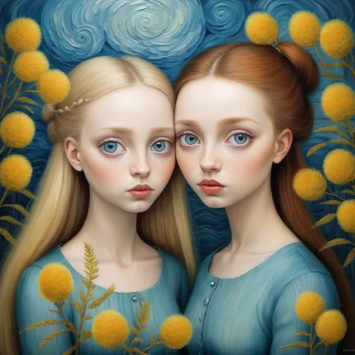 Prompt: Sweet hugs and glances from young women, surrounded by mimosa flowers, landscape with optical effect, expressive faces, sharp eyes, style trompe d'oeil, oil painting, painter, paintings by masters, museum, paintings and sculptures, visual delirium, dreamlike, style pop surrealism, modern art, vibrant colors, detailed, style Victoria Nahum, Nicoletta Ceccoli, style Van gogh, style Alexander Jansson, style Picasso, Amazing and beautiful creation, characters and elements of the scenery entirely within the frame of the image, detailed realization, definition high quality, expressive faces, sharp eyes, style trompe d'oeil, surrealism, ambitious aestheticism, varied elements, iconoclast and numerous