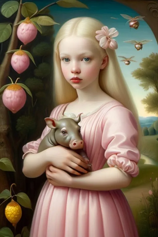 Prompt: Gaze of a young woman, large heavenly eyes, holding and delicately caressing a very small dwarf albino hippopotamus. Full-length portrait, landscape with  optical effect and with pink and yellow bees and chestnut trees. Expressive faces, sharp eyes, style trompe d'oeil, oil painting, painter, paintings by masters, museum, paintings and sculptures, visual delirium, dreamlike, style pop surrealism, modern art, vibrant colors, detailed, style mark ryden, Nicoletta Ceccoli, style Van gogh, style Alexander Jansson, style Picasso, Amazing and beautiful creation, characters and elements of the scenery entirely within the frame of the image, detailed realization, definition high quality, expressive faces, sharp eyes, style trompe d'oeil, surrealism, ambitious aestheticism, varied elements, iconoclast and numerous