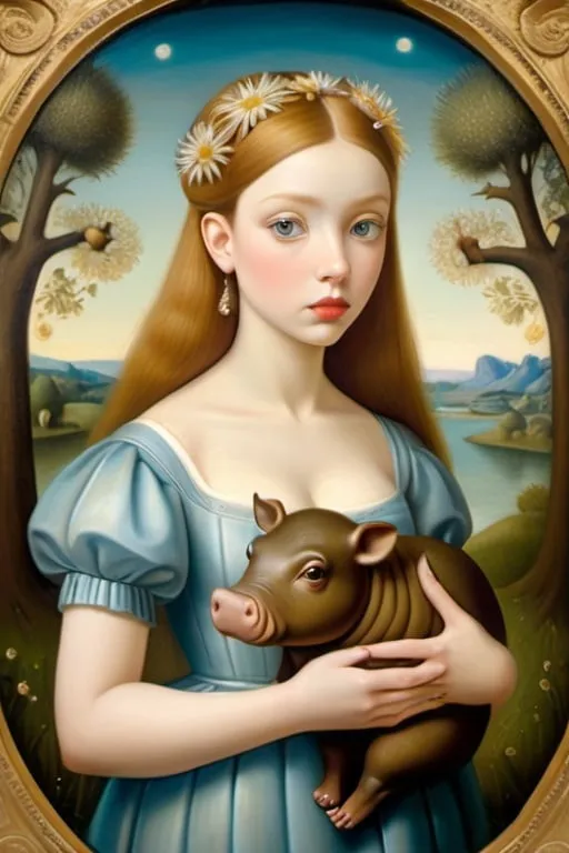 Prompt: Gaze of a young woman, large heavenly eyes, holding and delicately caressing a very little hippopotamus. Full-length portrait, landscape with  optical effect and with bees and chestnut trees. Expressive faces, sharp eyes, style trompe d'oeil, oil painting, painter, paintings by masters, museum, paintings and sculptures, visual delirium, dreamlike, style pop surrealism, modern art, vibrant colors, detailed, style mark ryden, Nicoletta Ceccoli, style Van gogh, style Alexander Jansson, style Picasso, Amazing and beautiful creation, characters and elements of the scenery entirely within the frame of the image, detailed realization, definition high quality, expressive faces, sharp eyes, style trompe d'oeil, surrealism, ambitious aestheticism, varied elements, iconoclast and numerous