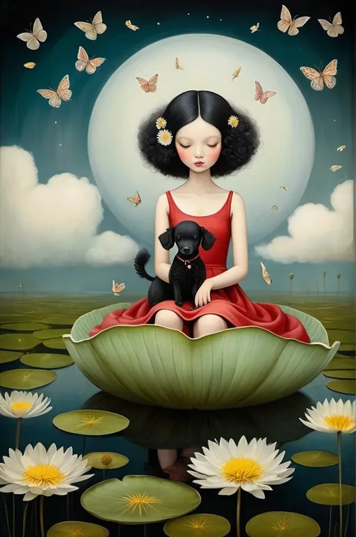 Prompt: Oil on chapped canvas image, melancholy atmsphere. Combination of styles by Catrin Welz-Stein, Nicoletta Ceccoli, Amy Earles and Abigail Larson. not featured image of a young woman, black hair, light red dress, big eyes brown, with her black toy poodle. sitting on a large lily pad flying among clouds and dandelion flowers. sitting on a large lily pad flying among clouds and dandelion flowers. Butterflies with large bodies, lake grasses