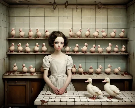 Prompt: Oil on chapped canvas image, soft colorst, melancholy atmsphere. Combination of styles by Catrin Welz-Stein, Nicoletta Ceccoli. Interior of an old butcher shop, ruined and cracked white tiles on the walls. A wooden counter with pieces of meat and heads of ducks, pigs. On the walls hang wooden marionettes, rag dolls. Bleak atmsphere.