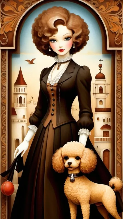 Prompt: Young woman, carrying a toy poodle brown,  in the style of Bill Carman. Amazing and beautiful creation, characters and elements of the scenery entirely within the frame of the image, detailed realization, definition high quality, expressive faces, sharp eyes, style trompe d'oeil, surrealism, ambitious aestheticism, varied elements, iconoclast and numerous