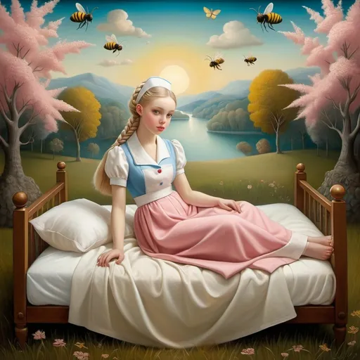 Prompt: image of a young nurse, blonde braids, big blue eyes, sweet and melancholic smile, who assists an old man lying in bed with a broken leg. Full-length portrait, landscape with  optical effect and with pink and yellow bees and chestnut trees. Expressive faces, sharp eyes, style trompe d'oeil, oil painting, painter, paintings by masters, museum, paintings and sculptures, visual delirium, dreamlike, style pop surrealism, modern art, vibrant colors, detailed, style mark ryden, Nicoletta Ceccoli, style Van gogh, style Alexander Jansson, style Picasso, Amazing and beautiful creation, characters and elements of the scenery entirely within the frame of the image, detailed realization, definition high quality, expressive faces, sharp eyes, style trompe d'oeil, surrealism, ambitious aestheticism, varied elements, iconoclast and numerous