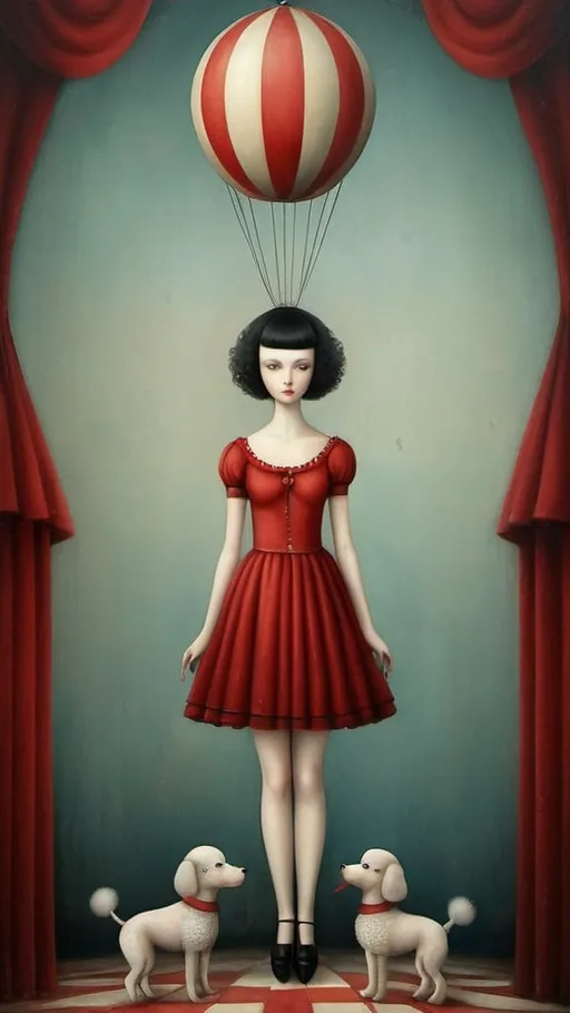 Prompt: Oil on canvas image, soft colors, combination of styles by Catrin Welz-Stein, Nicoletta Ceccoli. Scene inside the circus. Woman, short black hair, light red dress, with her trained toy poodles. Dreamlike composition abstract surrealism
