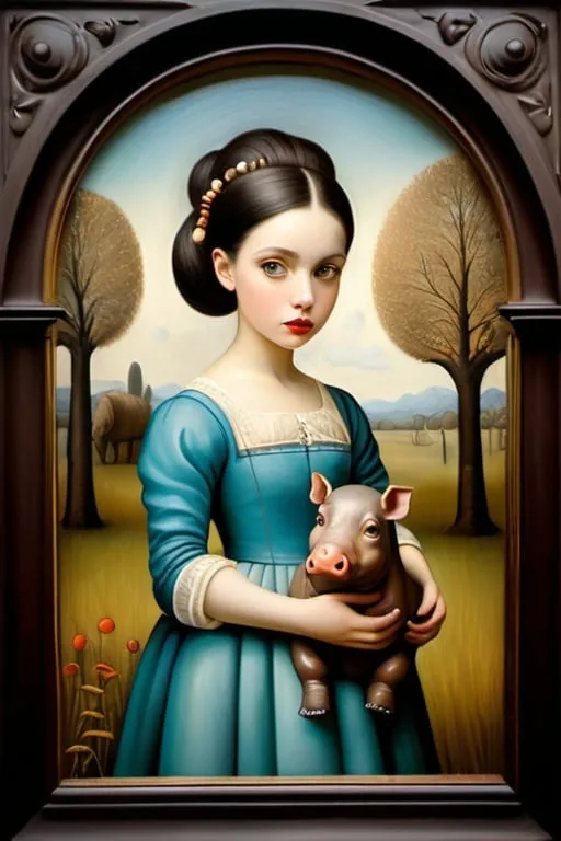 Prompt: Gaze of a young woman, large heavenly eyes, holding and delicately caressing a little hippopotamus. Full-length portrait, landscape with  optical effect and chestnut trees. Expressive faces, sharp eyes, style trompe d'oeil, oil painting, painter, paintings by masters, museum, paintings and sculptures, visual delirium, dreamlike, style pop surrealism, modern art, vibrant colors, detailed, style mark ryden, Nicoletta Ceccoli, style Van gogh, style Alexander Jansson, style Picasso, Amazing and beautiful creation, characters and elements of the scenery entirely within the frame of the image, detailed realization, definition high quality, expressive faces, sharp eyes, style trompe d'oeil, surrealism, ambitious aestheticism, varied elements, iconoclast and numerous